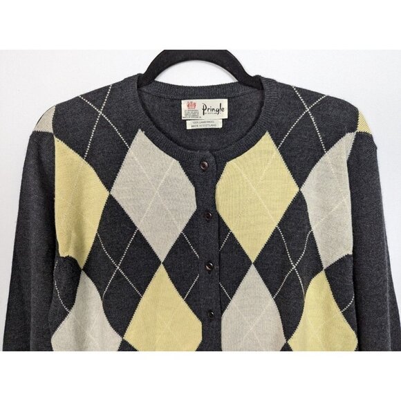 Vintage PRINGLE Scotland L Lambswool Argyle Diamond Checkered Sweater Cardigan - Picture 3 of 9